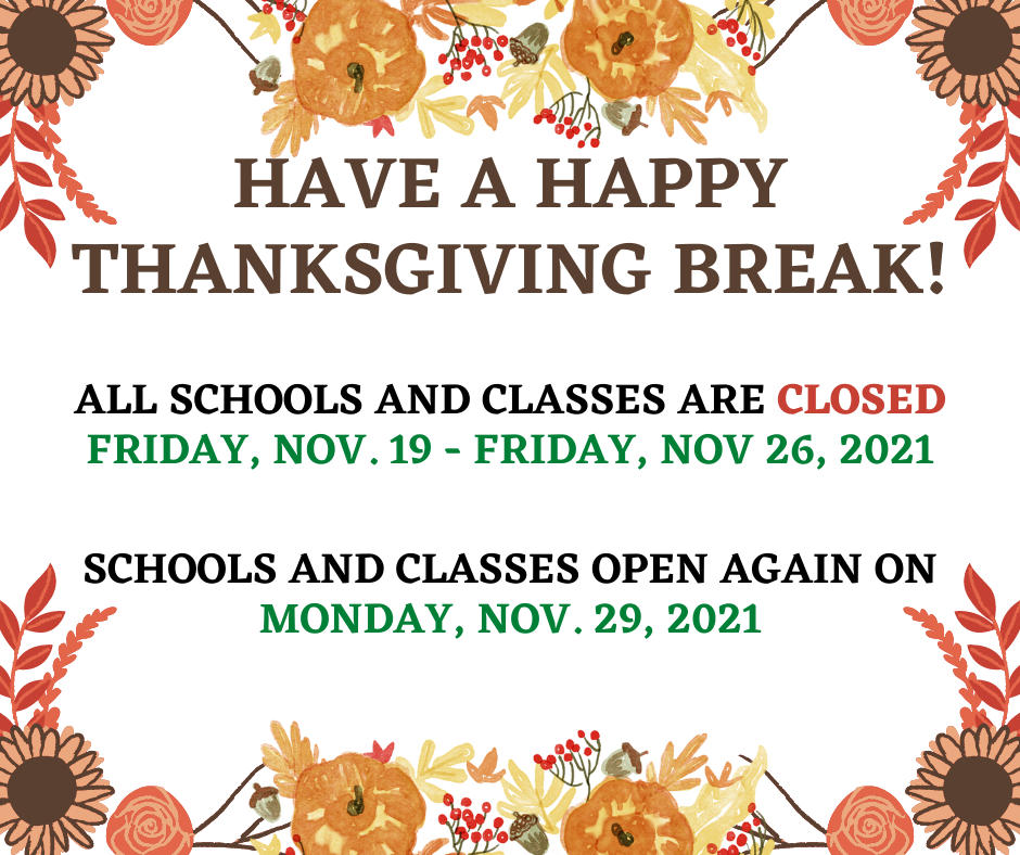 Chula Vista Adult School Thanksgiving Break Announcement