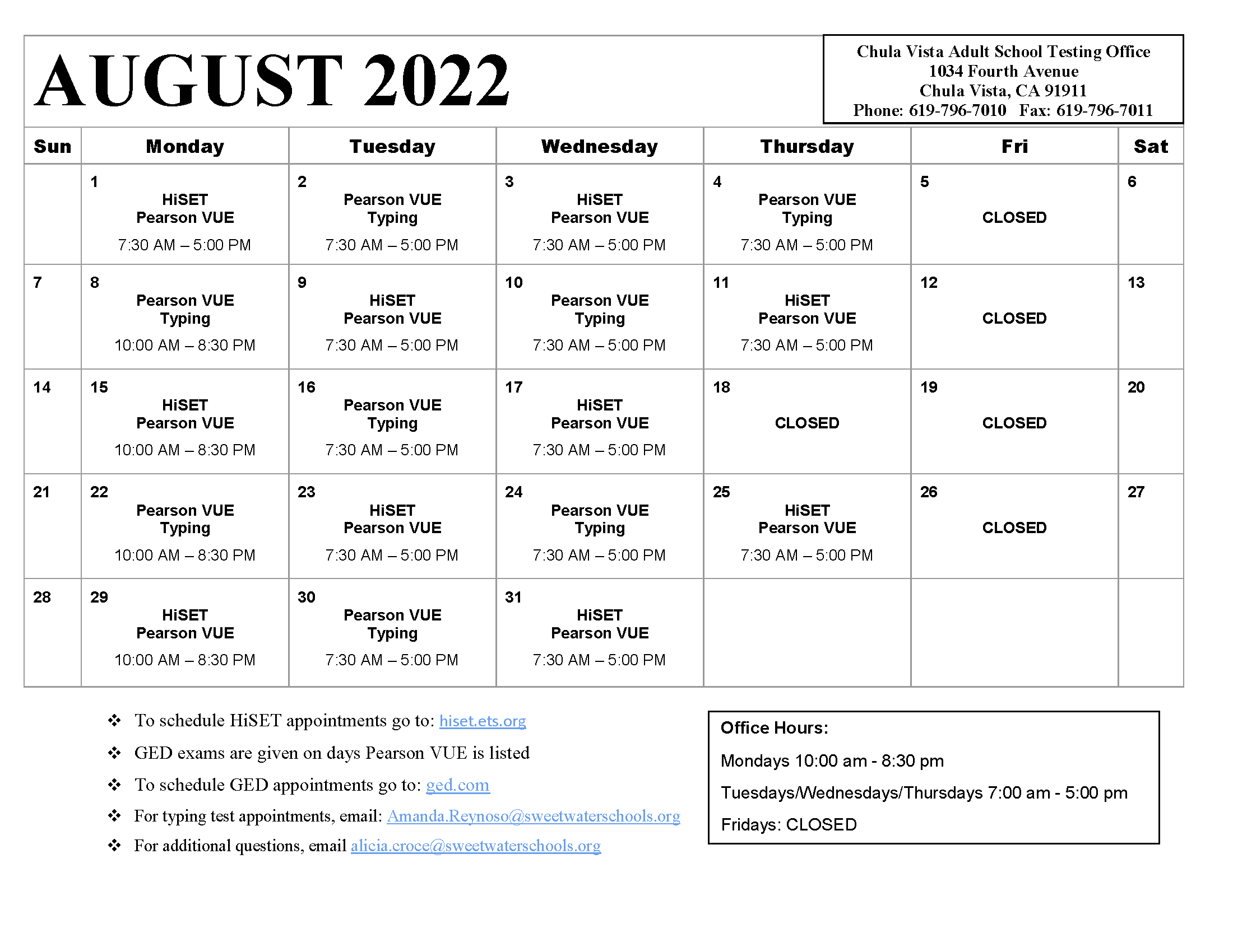 Chula Vista Testing Center schedule for August 2022. On this calendar are all the dates and times of operation.
